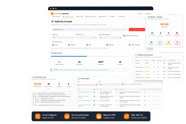 Interface Web-Shine Audit SEO avec scores, crawl, opportunités et rapports