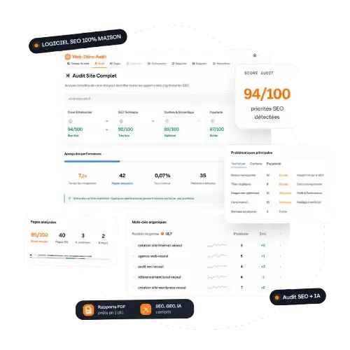 Interface Web-Shine Audit SEO avec scores, crawl, opportunités et rapports