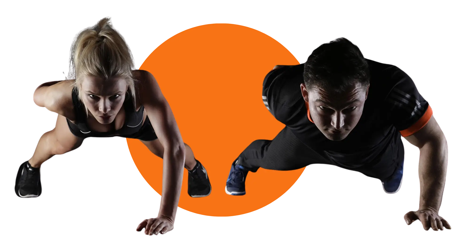 Coach sportif et sportive en plein effort, symbole de l’énergie mise en avant sur un site internet de coaching